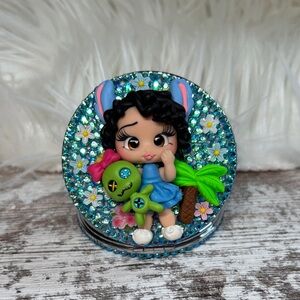 Cute Blue Glitter Compact Mirror with Cartoon Design